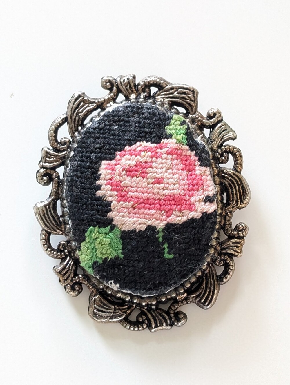 Hand-Embroidered Pink Rose Brooch on Black Background